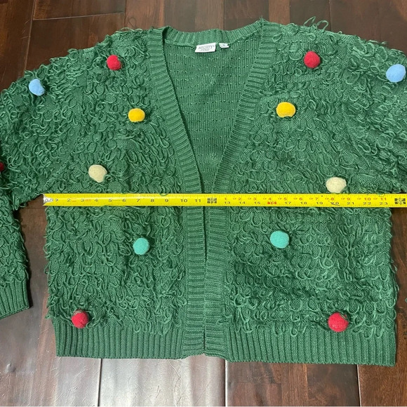 Mighty Fine Christmas Tree Cardigan Sweater Women's 1X Green W/ Color Pom Poms - Picture 5 of 7